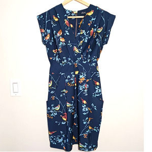 Closet Blu Tropical Birds Floral V-Neck Short Sleeve Navy Blue Yellow S Dress